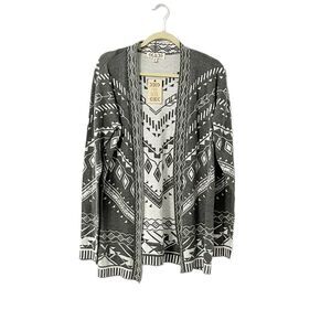 🟢Pink Rose Gray & Ivory Chevron Aztec Print Open Front Knit Cardigan Size XL